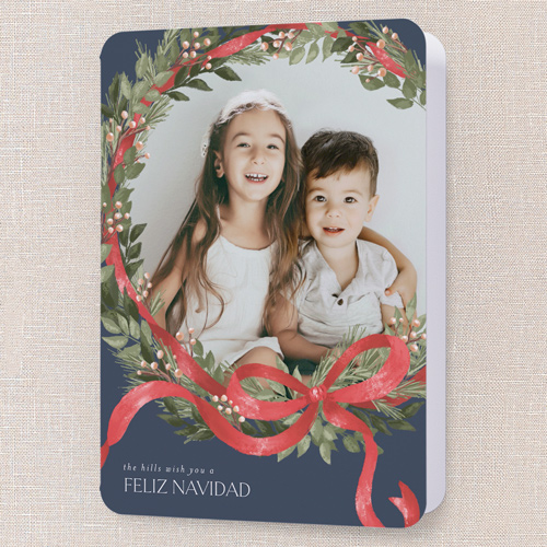 Merry Ribbon Wreath Holiday Card, Blue, 5x7 Folded, Feliz Navidad, Pearl Shimmer Cardstock, Rounded, Blue