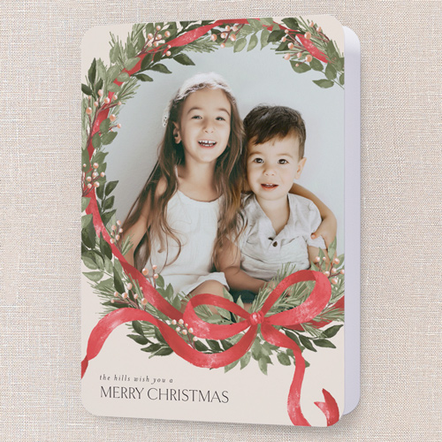 Merry Ribbon Wreath Holiday Card, Beige, 5x7 Folded, Christmas, Pearl Shimmer Cardstock, Rounded, Cream