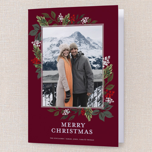 Blissful Foliage Holiday Card, Red, 5x7 Folded, Christmas, Pearl Shimmer Cardstock, Square, Velvet