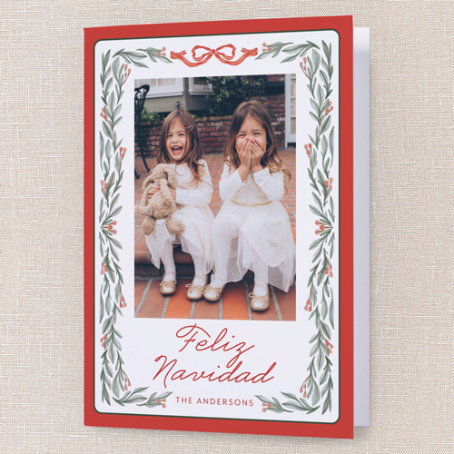 Holly Framing Holiday Card, Red, 5x7 Folded, Feliz Navidad, Matte, Folded Smooth Cardstock, Square, Apple