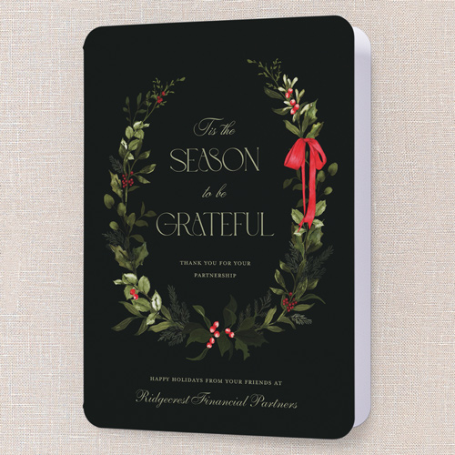Wreath Grateful Holiday Card, Black, 5x7 Folded, Holiday, Pearl Shimmer Cardstock, Rounded, Rich Black
