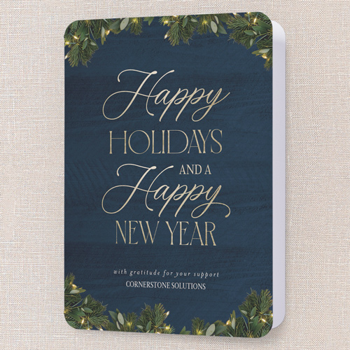 Gilded Gratitude Holiday Card, Blue, 5x7 Folded, Holiday, Pearl Shimmer Cardstock, Rounded, Indigo