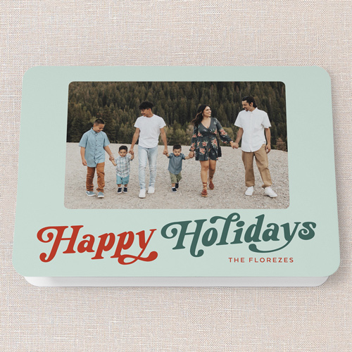 Retro Script Cheer Holiday Card, Green, 5x7 Folded, Holiday, Pearl Shimmer Cardstock, Rounded, Mint