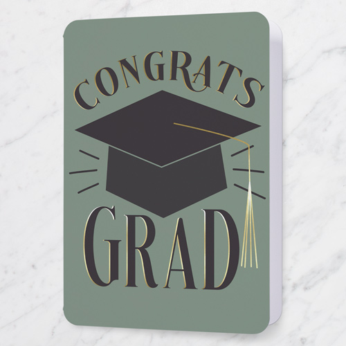 Cap Congrats Graduation Greeting Card, Green, 5x7 Folded, Pearl Shimmer Cardstock, Rounded