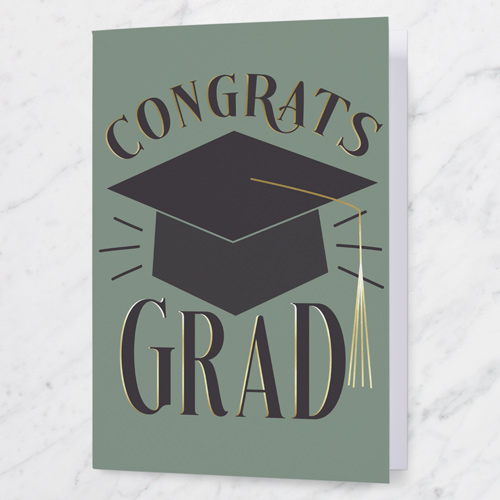Cap Congrats Graduation Greeting Card, Green, 5x7 Folded, Pearl Shimmer Cardstock, Square