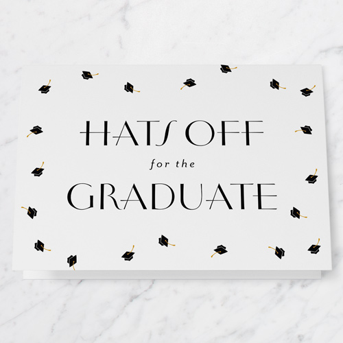 Hats Off Graduate Graduation Greeting Card, White, 5x7 Folded, Pearl Shimmer Cardstock, Square