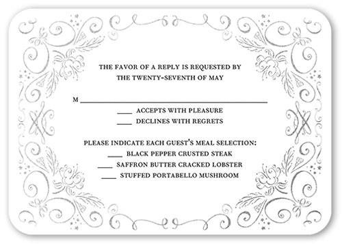 Whimsical Scrolls Wedding Response Card, Black, 100% Recycled Cardstock , Rounded