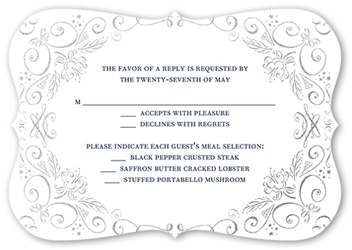 Whimsical Scrolls Wedding Response Card, Blue, Pearl Shimmer Cardstock, Bracket