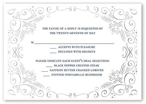 Whimsical Scrolls Wedding Response Card, Blue, Matte, Pearl Shimmer Cardstock, Square, Midnight