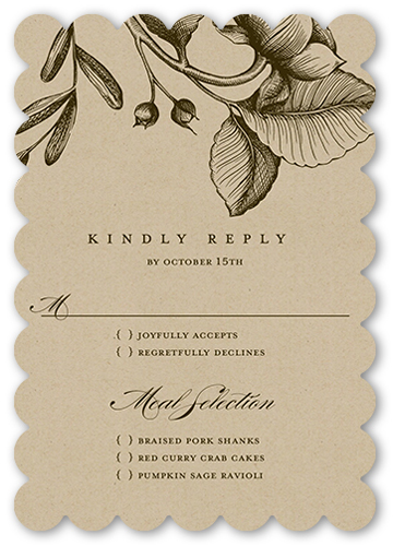 Rustic And Floral Wedding Response Card, Brown, Pearl Shimmer Cardstock, Scallop