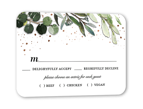 Dark Garden Wedding Response Card, Grey, Rose Gold Foil, Pearl Shimmer Cardstock, Rounded