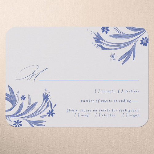 Floral Whimsy Wedding Response Card, Blue, Pearl Shimmer Cardstock, Rounded