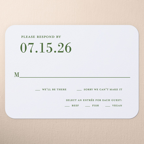 Adorned Accent Wedding Response Card, Green, Pearl Shimmer Cardstock, Rounded, Evergreen