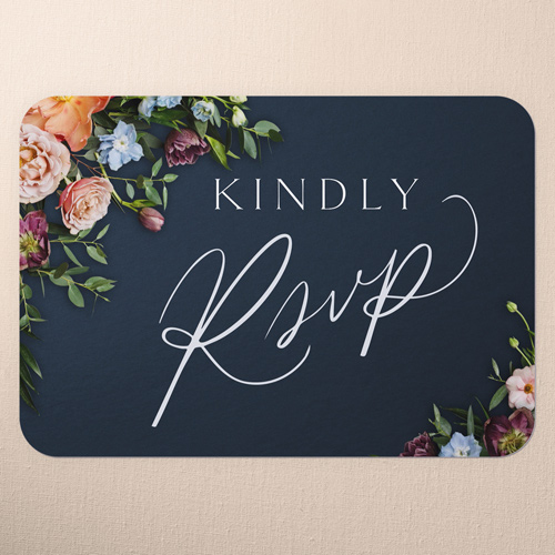 Stunning Floral Corners Wedding Response Card, Blue, Pearl Shimmer Cardstock, Rounded, Navy