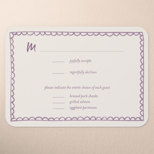 Doodle Border Wedding Response Card, Purple, Pearl Shimmer Cardstock, Rounded, Deep Plum
