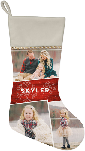 Snowflake Photo Collage Christmas Stocking, Natural, Red