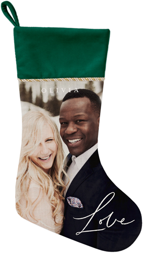 Contemporary Love Script Christmas Stocking, Green, White