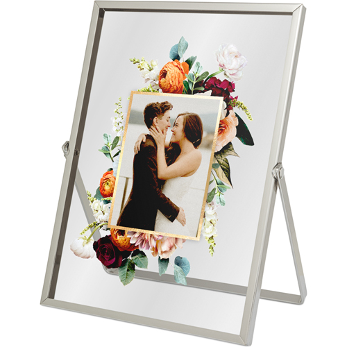 Floral Frame Tabletop Floating Framed Print, 5x7, Silver, White