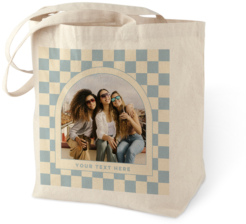 Checkered Border Cotton Tote Bag, Beige