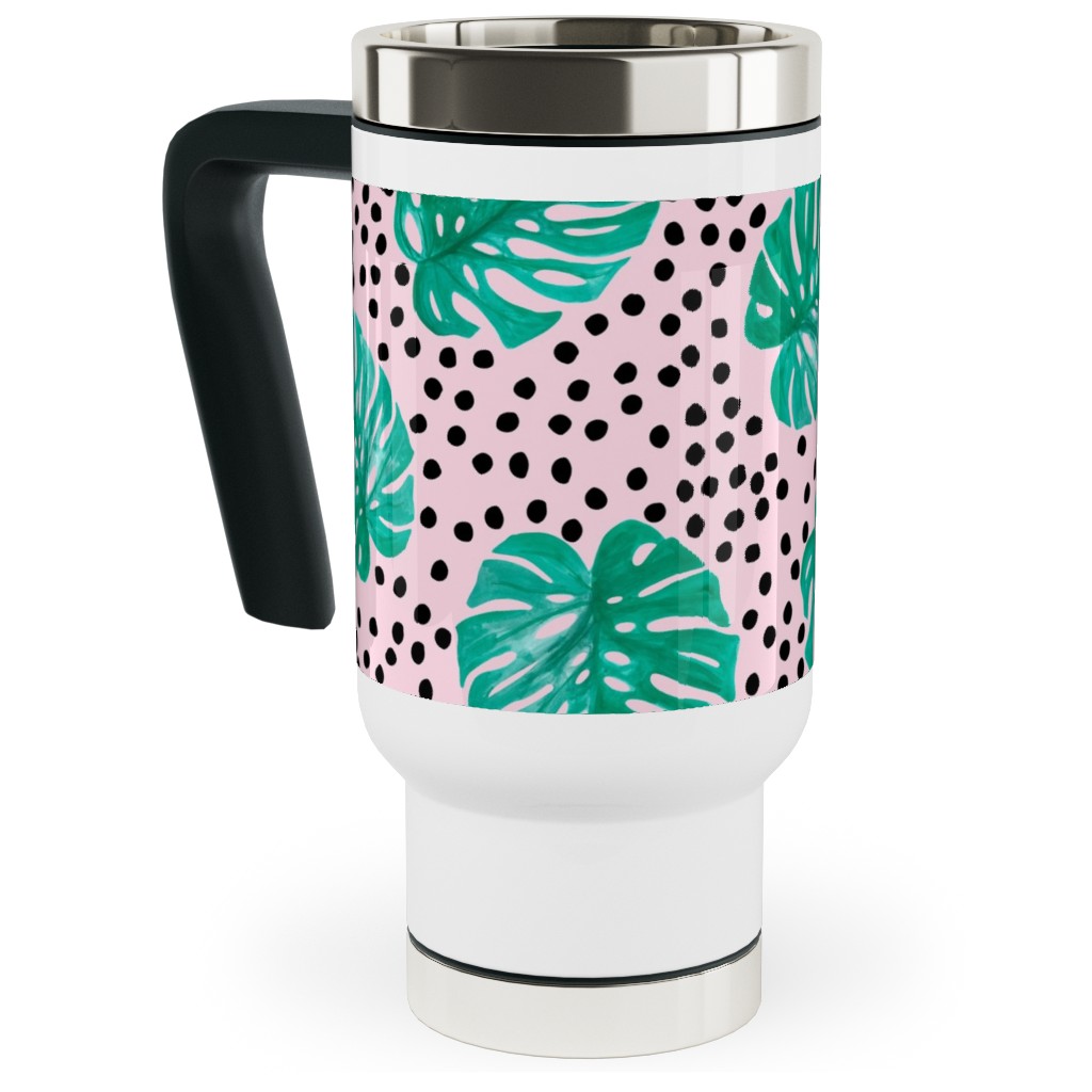 Tropical Monstera - Pink Travel Mug with Handle, 17oz, Pink, Bright Pink