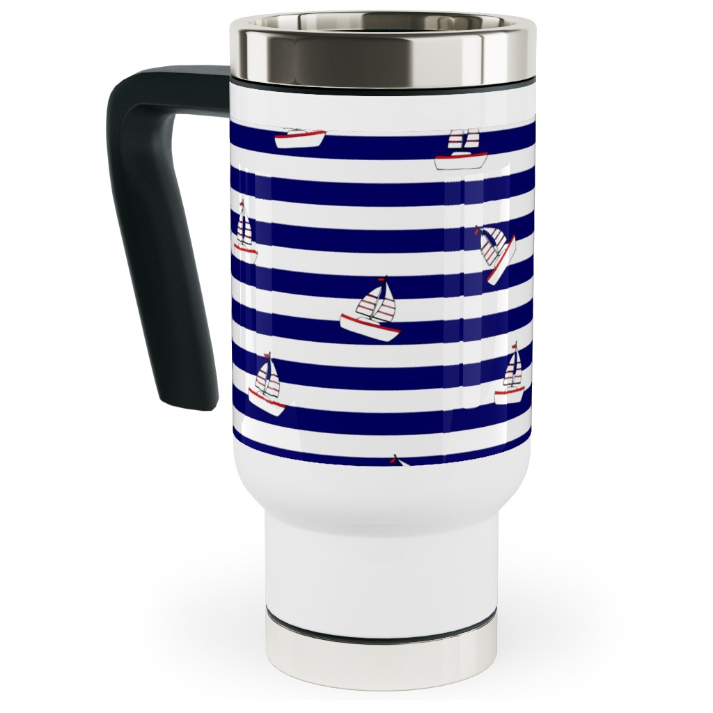 Sea and Boats Stripes - Blue Travel Mug with Handle, 17oz, Blue