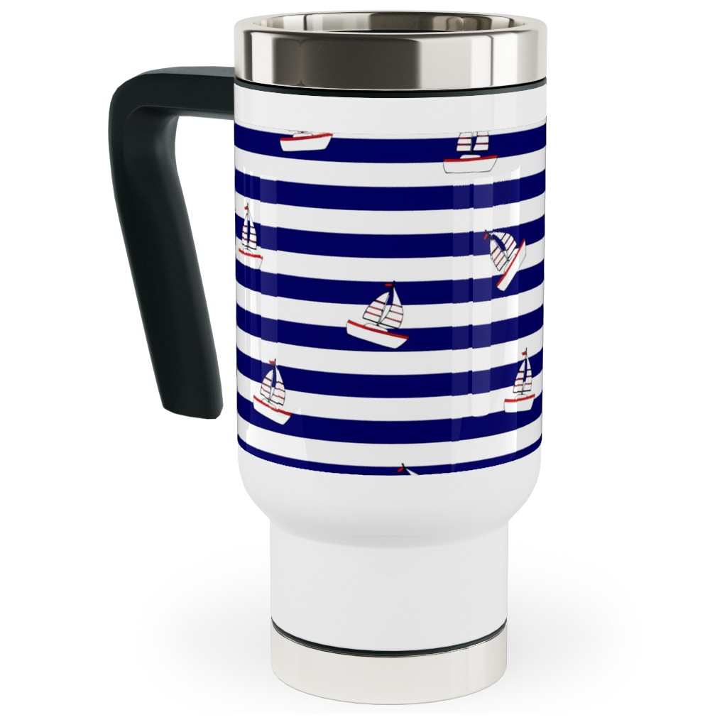 Sea and Boats Stripes - Blue Travel Mug with Handle, 17oz, Blue, True Blue