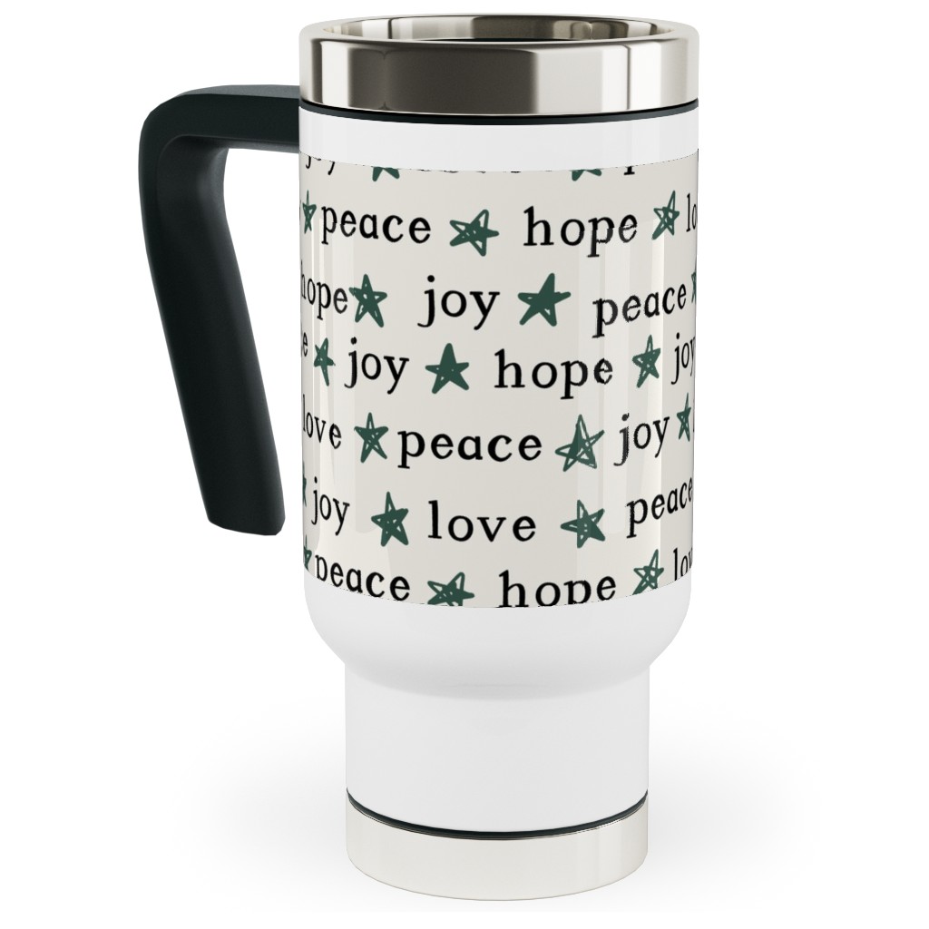 Peace Love Hope Joy - Beige Travel Mug with Handle, 17oz, Beige, Pearl