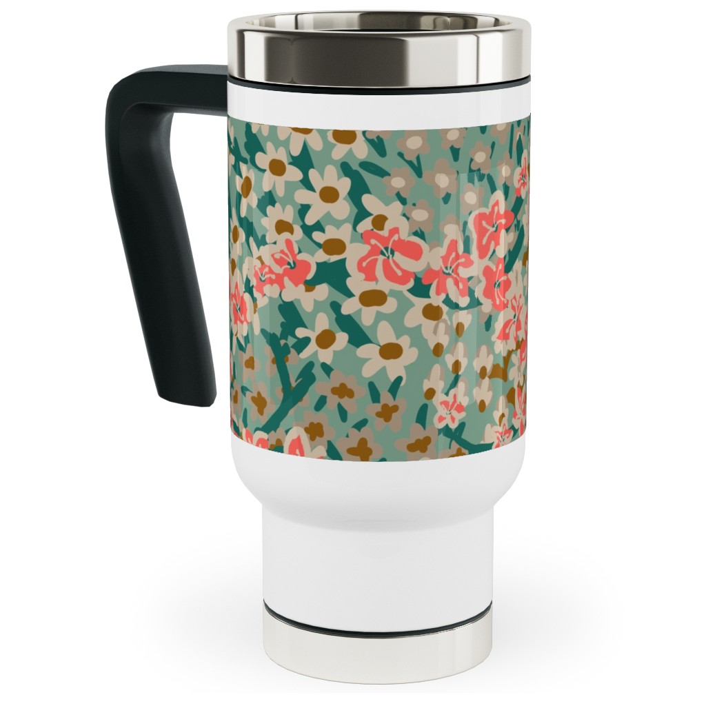 Bengal Kuma Floral - Multi Travel Mug with Handle, 17oz, Green