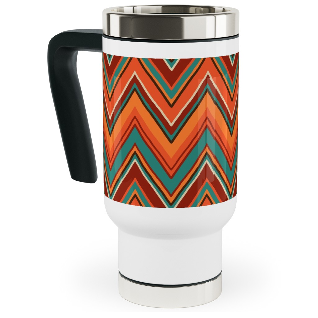 Fall Crazy Chevron - Orange and Teal Travel Mug with Handle, 17oz, Orange, Orange