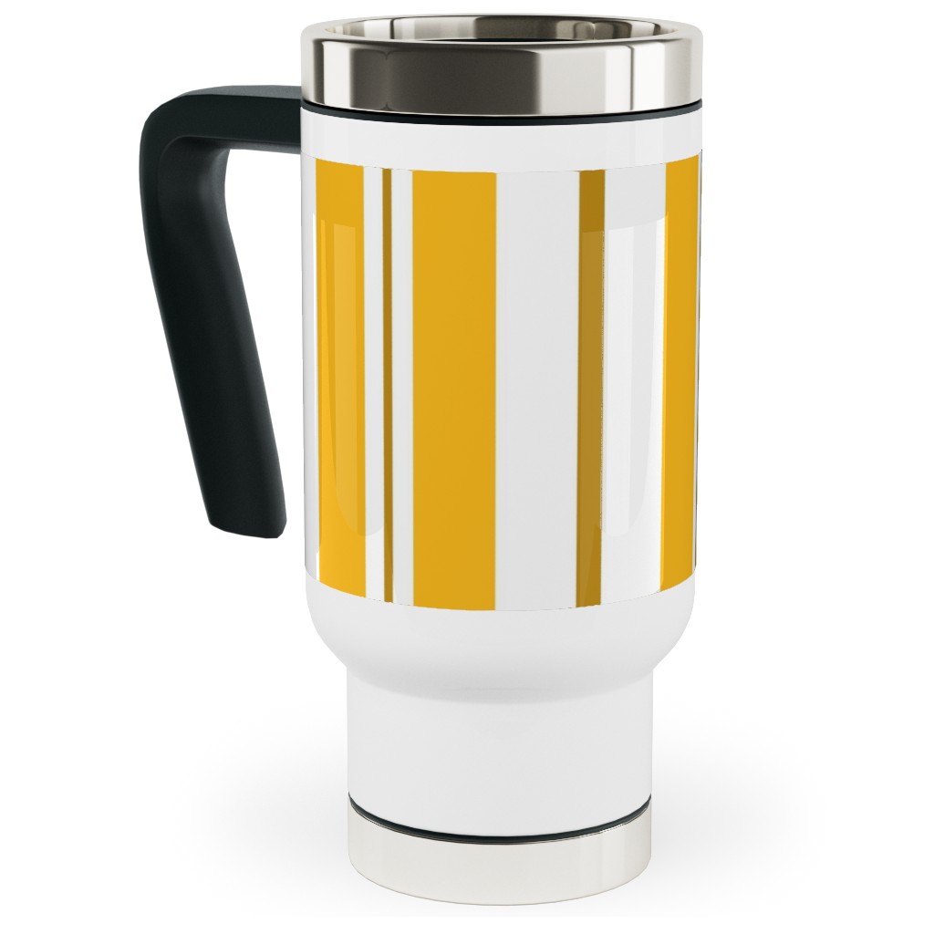 Gold White and Brown Stripes Travel Mug with Handle, 17oz, Yellow, Classic Yellow