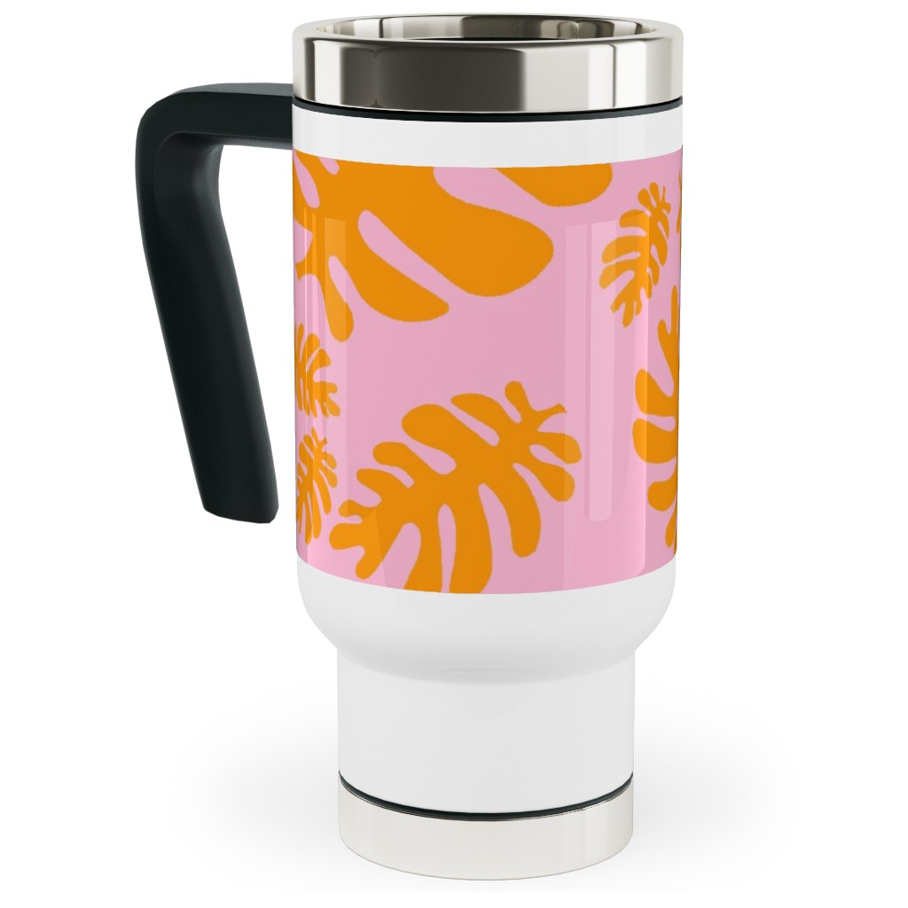 Funky Tropical Leaf - Orange and Blush Travel Mug with Handle, 17oz, Pink