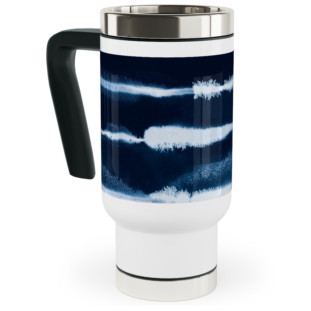 Ikat Watercolor Stripes - Navy Travel Mug with Handle, 17oz, Blue, True Blue