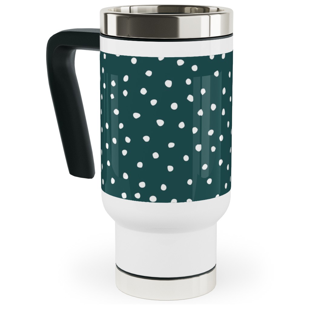 Dots - White on Emerald Travel Mug with Handle, 17oz, Green, Classic Green