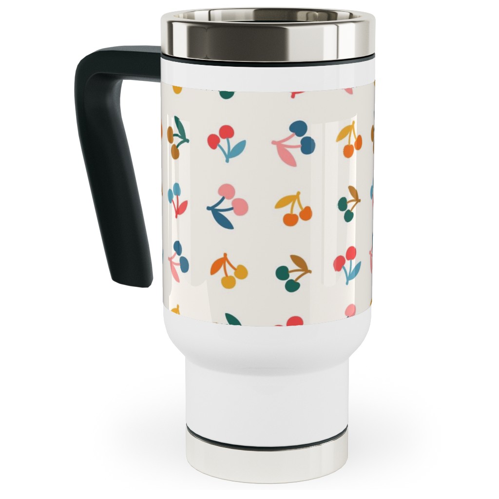 Colored Cherries - Earthy Travel Mug with Handle, 17oz, Beige, Pearl