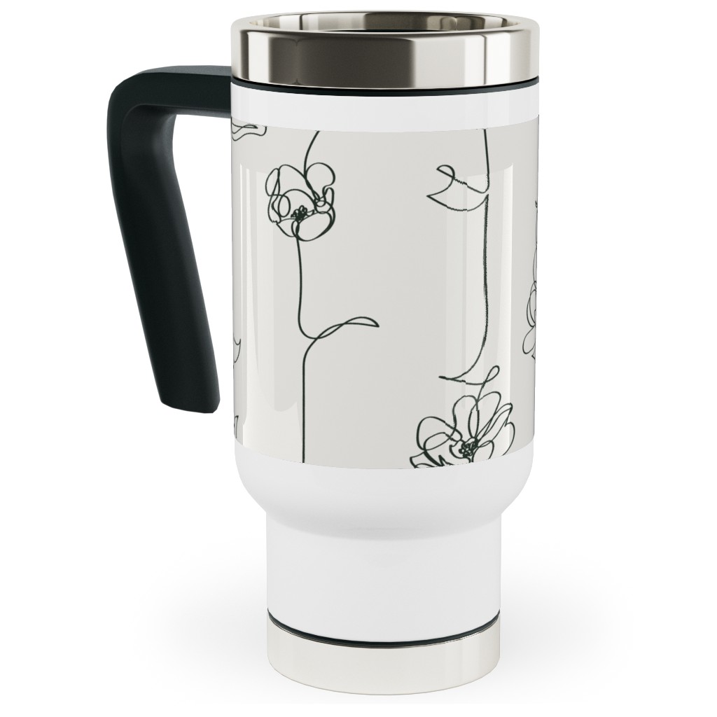 One Line Floral - Light Travel Mug with Handle, 17oz, White