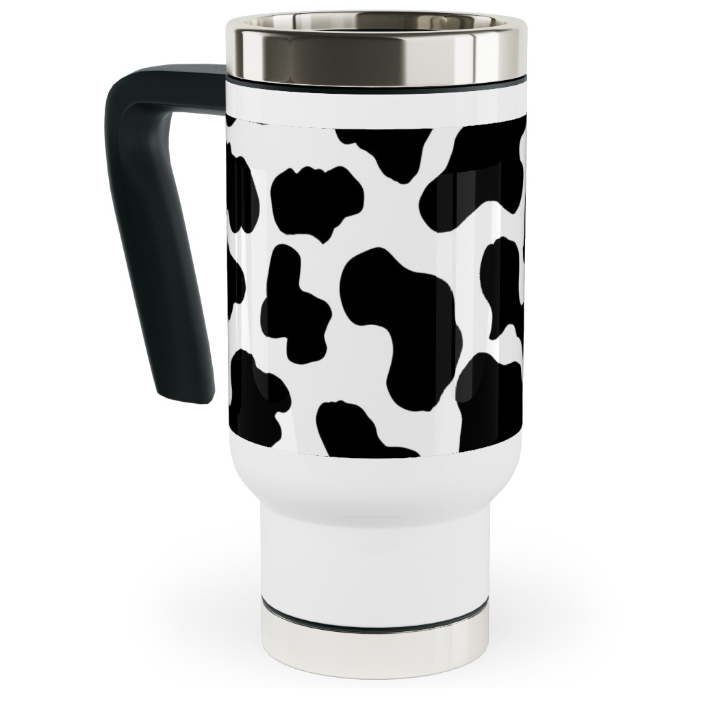Cow Print - Black and White Travel Mug with Handle, 17oz, Black, Black