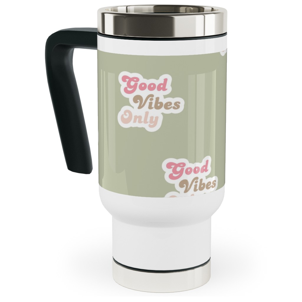 Seventies Retro Good Vibes Only Travel Mug with Handle, 17oz, Green