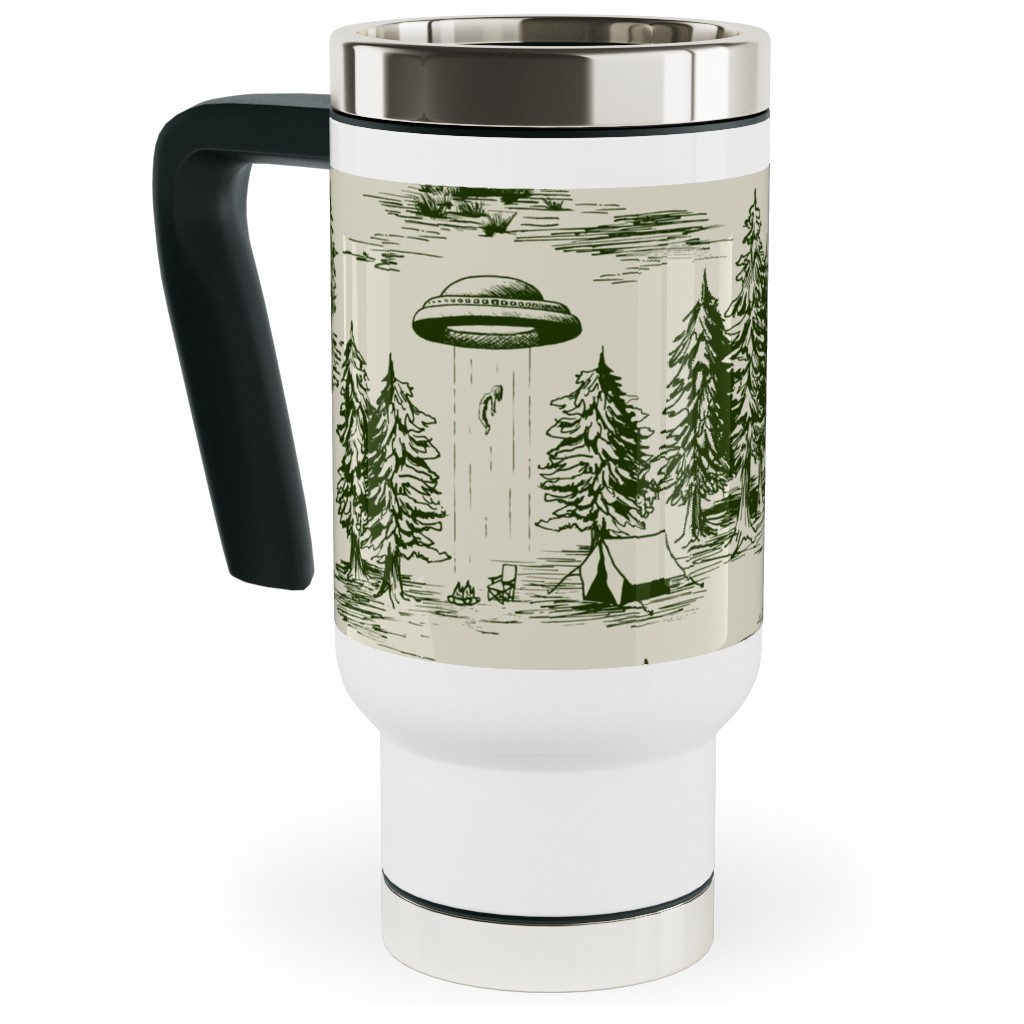Alien Abduction Toile De Jouy - Forest Green & Cream Travel Mug with Handle, 17oz, Green, Classic Green