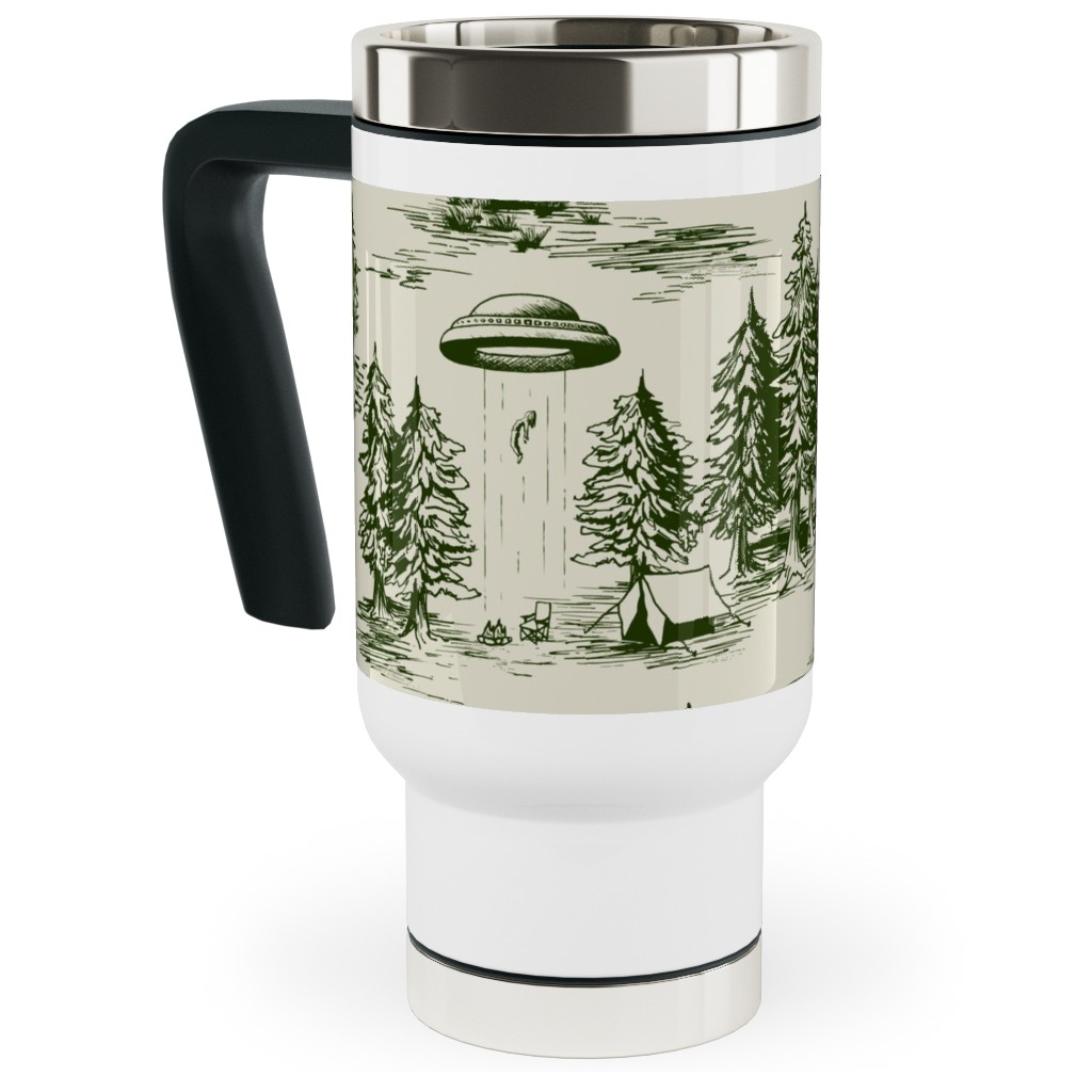 Alien Abduction Toile De Jouy - Forest Green & Cream Travel Mug with Handle, 17oz, Green