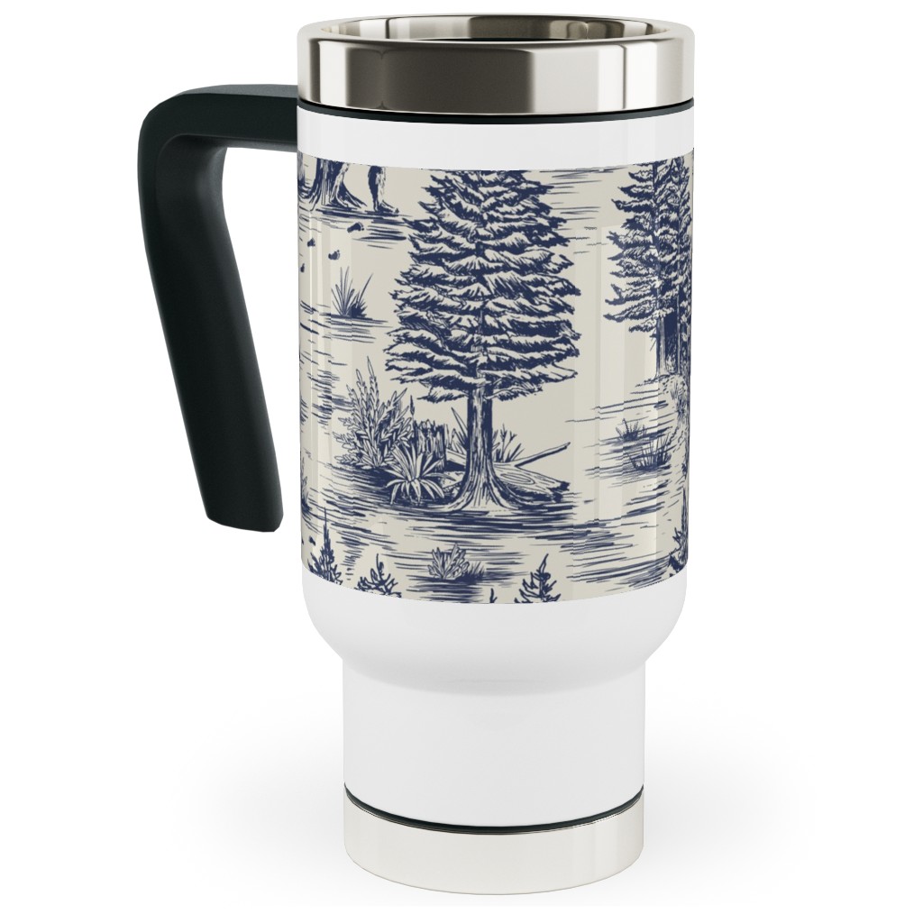 Bigfoot / Sasquatch Toile De Jouy - Blue Travel Mug with Handle, 17oz, Blue, True Blue