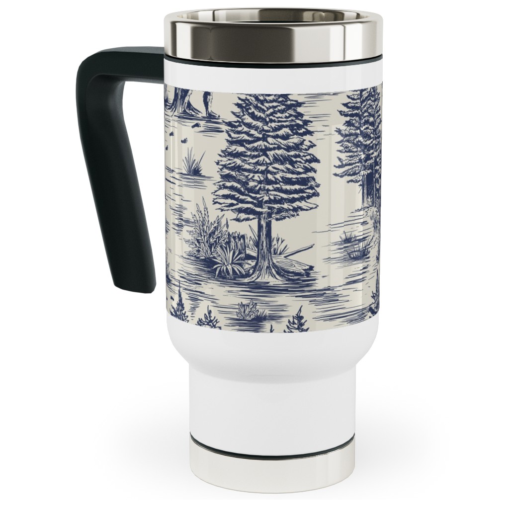 Bigfoot / Sasquatch Toile De Jouy - Blue Travel Mug with Handle, 17oz, Blue