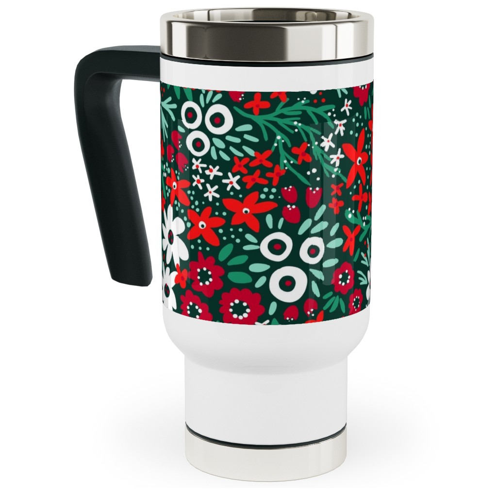 Rustic Floral - Holiday Red and Green Travel Mug with Handle, 17oz, Green