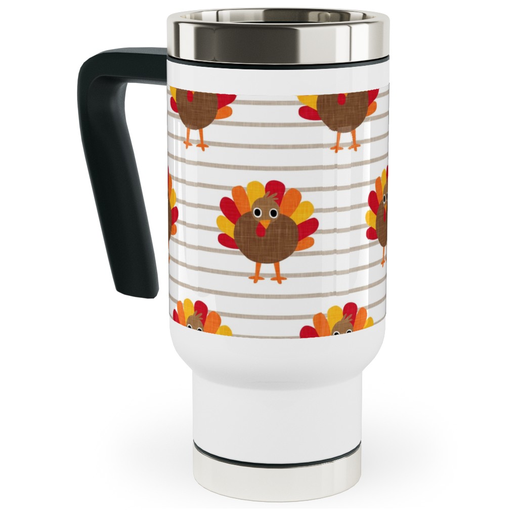 Cute Thanksgiving Turkey - on Khaki Stripes Travel Mug with Handle, 17oz, Orange
