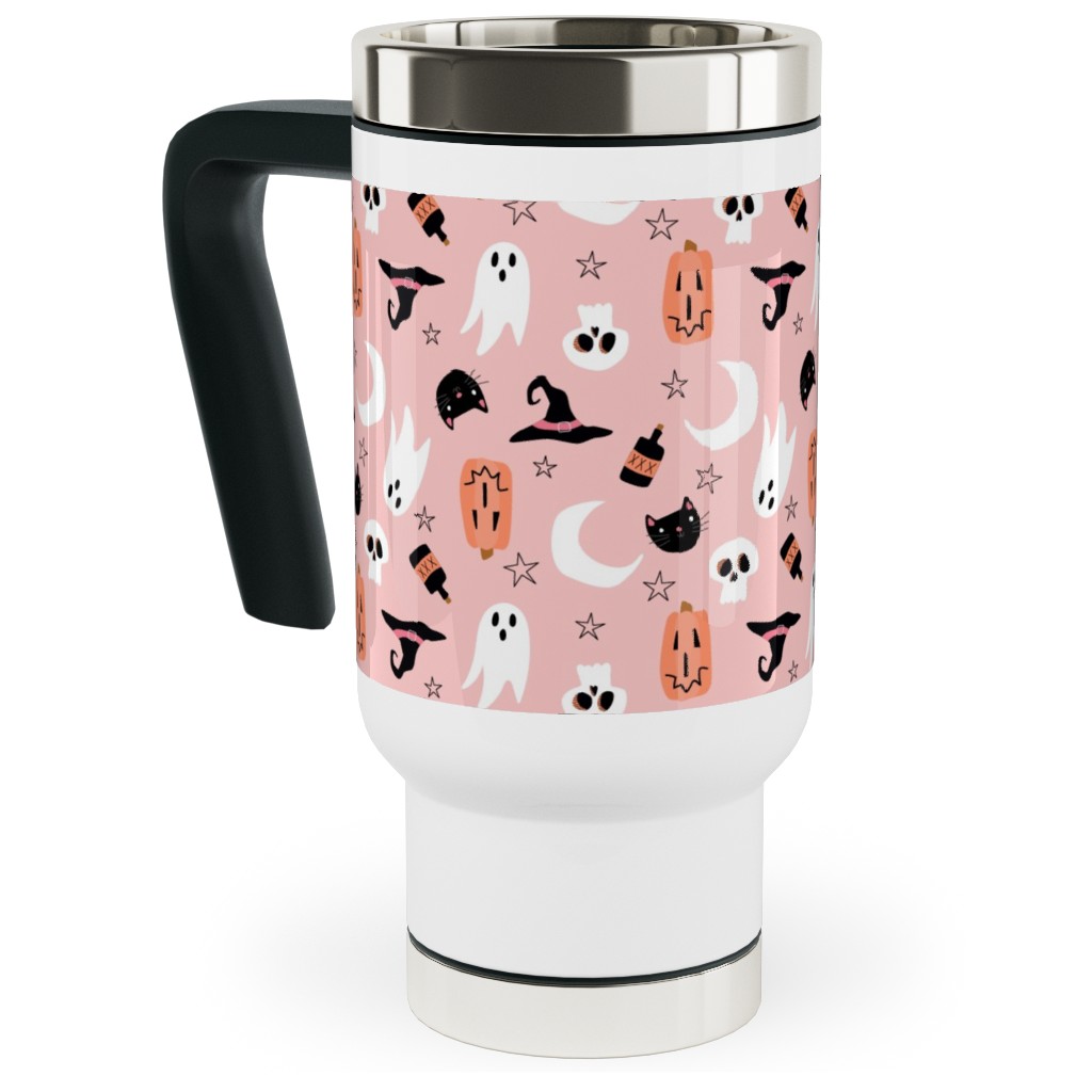 Sweet Halloween - Pumpkin, Witch, Ghost, & Cat - Pink Travel Mug with Handle, 17oz, Pink