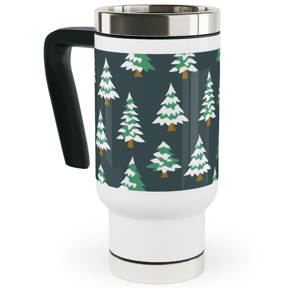 Winter Village Trees With Snow - Dark Travel Mug with Handle, 17oz, Green, Classic Green