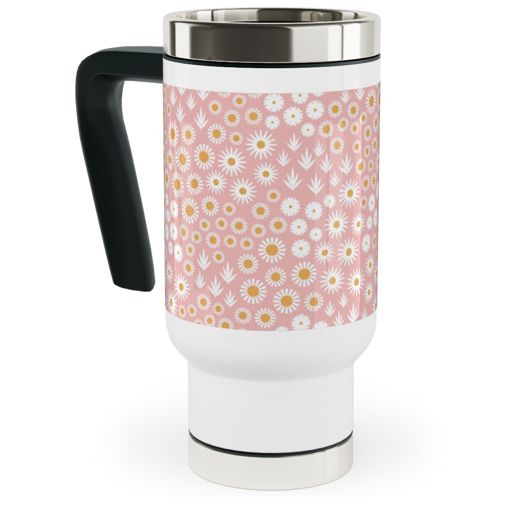 Ditsy Flowers - Pink Travel Mug with Handle, 17oz, Pink