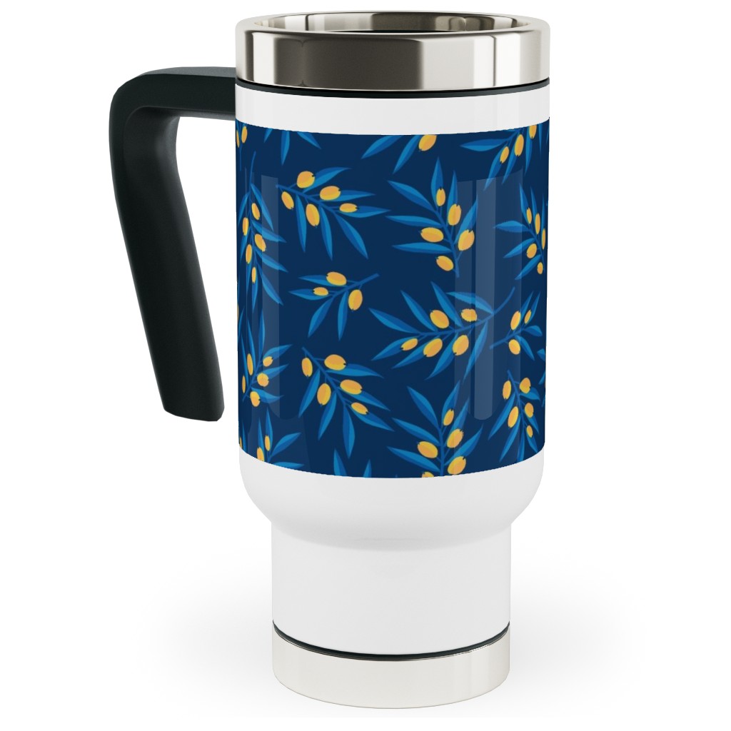 Olive Branches - Blue and Yellow Travel Mug with Handle, 17oz, Blue