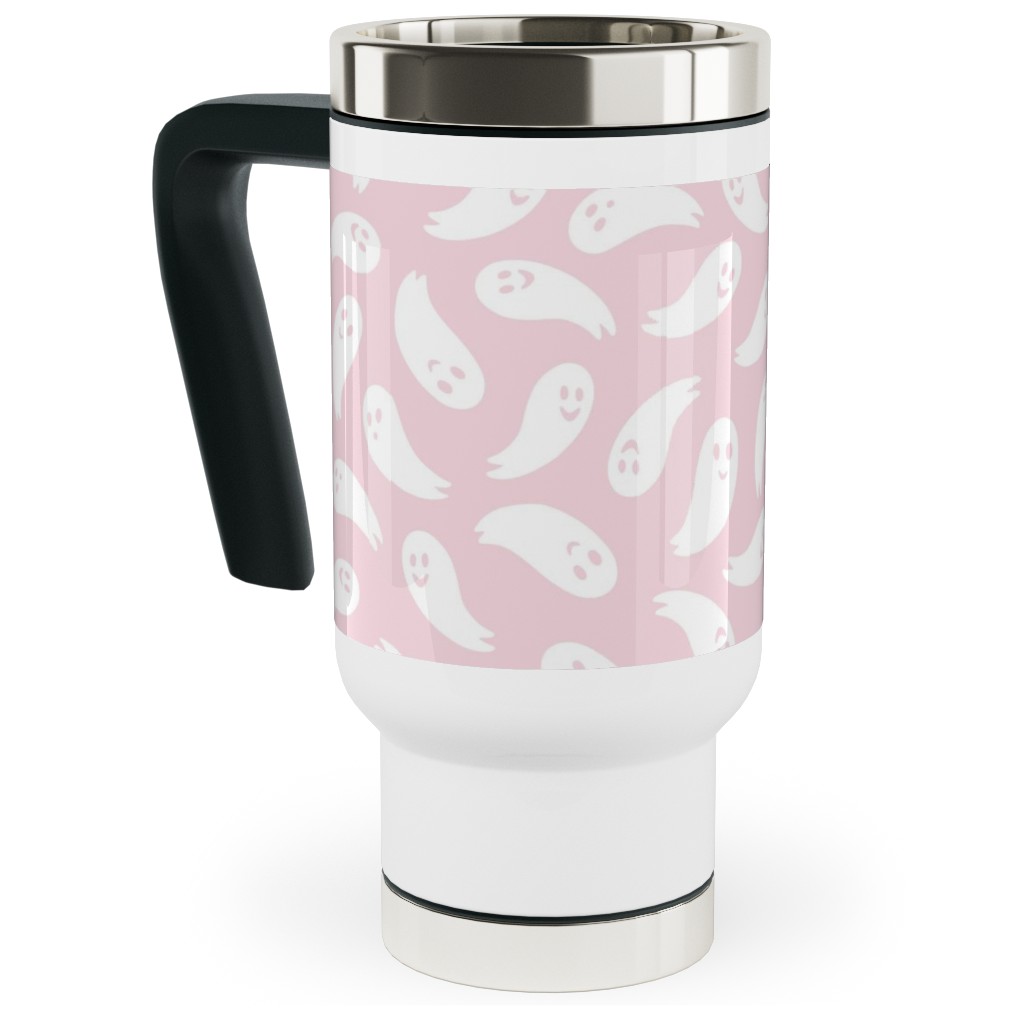 Happy Ghosts - Pink Travel Mug with Handle, 17oz, Pink