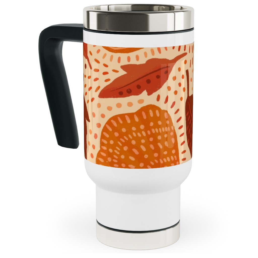 Autumn Mushrooms and Fallen Leaves Travel Mug with Handle, 17oz, Orange, Orange