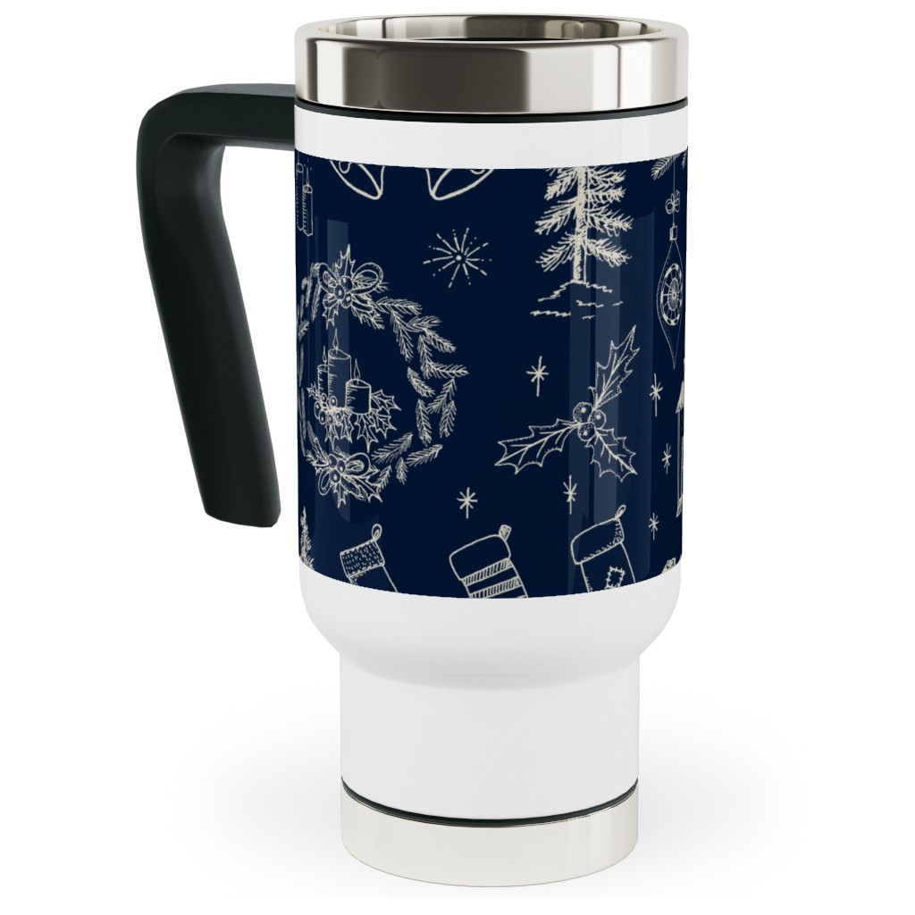 Christmas Toile - Starry Night Travel Mug with Handle, 17oz, Blue